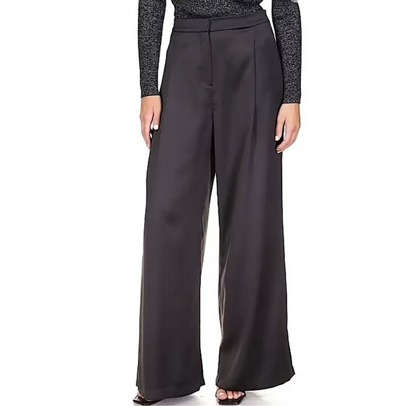 Michael Michael Kors Satin Pleated Wide Leg High Rise Trouser Pants Black 14 - Picture 1 of 11